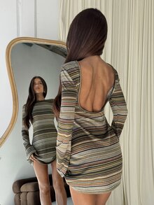 Aloruh 女款秋冬休閒針織多色條紋露背迷你洋裝 - 彩色 - 查看 2