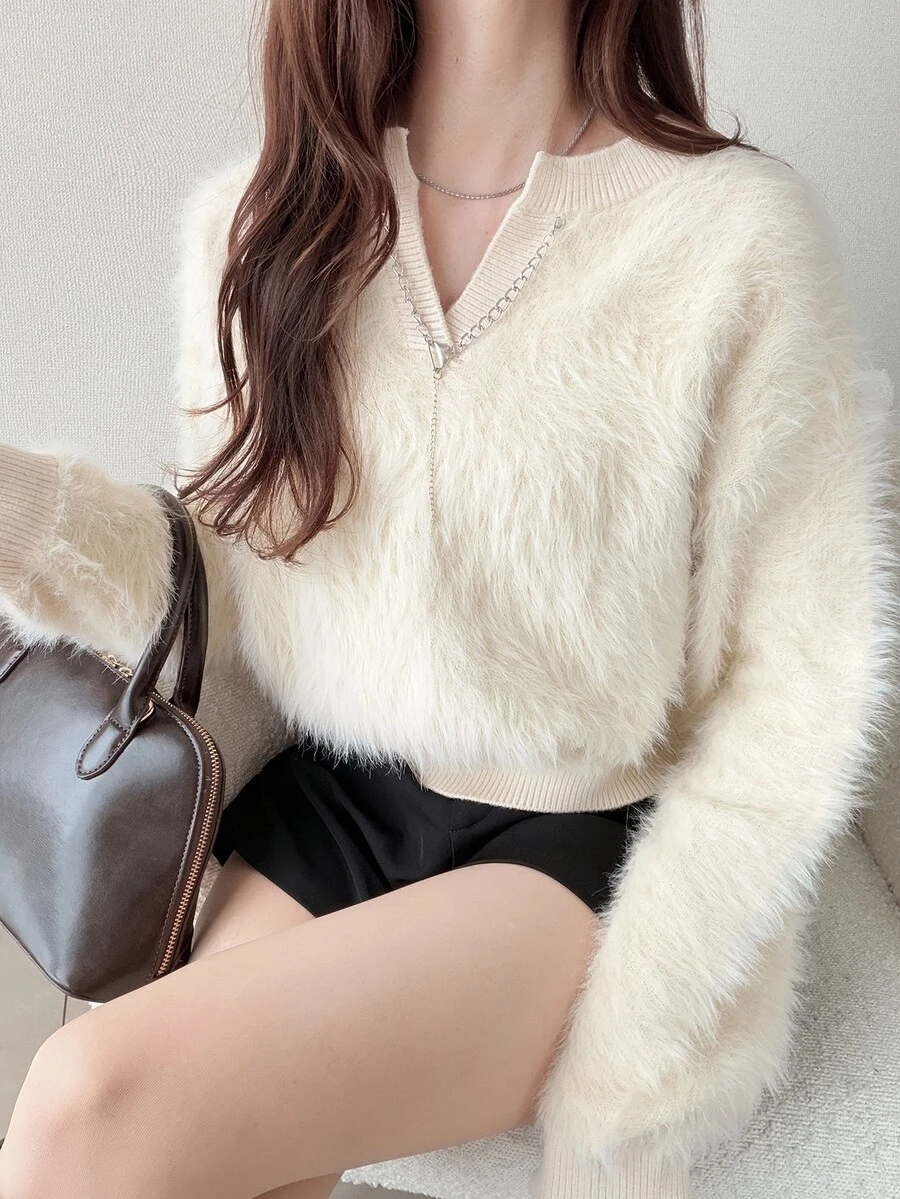 FRIFUL Women's Autumn/Winter Casual Solid Color Chain Decor Sweater - Apricot - View 1