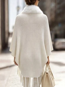 SHEIN Franclia Women's Fur Collar Batwing Sleeve Tassel Design Fashion Knit Cardigan - White - View 2