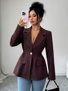 SHEIN Women's Dark Brown Notch Lapel Blazer, Single Gold Button, Ruched Waist, Slim Fit, Long Sleeve, Elegant Office Suit Jacket - Brown - View 3