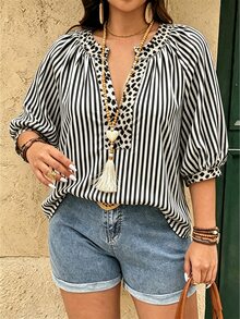 Linhara Fashion Casual Vacation Vintage Elegant Commute 3/4 Sleeve Blue Printed Blouse Fall - Black and White - View 4
