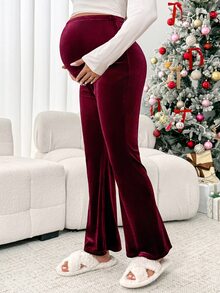 SHEIN Maternity Solid Color Adjustable Waist Flare Pants - Burgundy - View 4