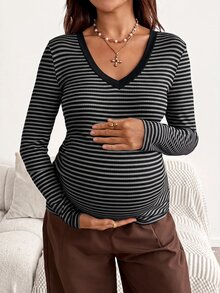 SHEIN Maternity Simple Versatile Striped Colorblock Long Sleeve T-Shirt - Grey - View 9