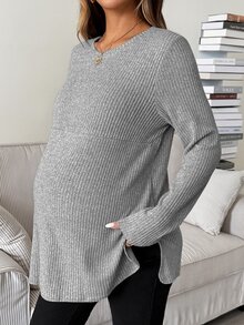 SHEIN 孕婦純色圓領長袖羅紋休閒哺乳T恤 秋季 - 淺灰色 - 查看 4