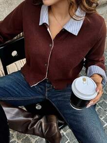 Dazy Plus Colorblock Patchwork Shirt Collar Fashion Casual Cardigan Sweater, Autumn/Winter Plus Size Women's Open Front - Burgundy - View 4