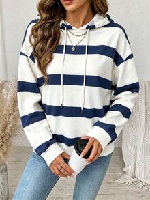 SHEIN LUNE Women's Casual Minimalist Colorblock Striped Print Crew Neck Loose Sweatshirt - Autumn/Winter New Arrival Long Sleeve Top - Multicolor - View 6