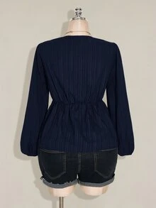 SHEIN ICON 女款大尺碼黑色紋理前打結燈籠袖上衣 - 藏蓝色 - 查看 2