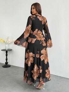 Firerie Plus Size Women's Floral Print Bell Sleeve Elegant Dress - Multicolor - View 2