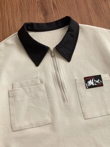 SWAVVY Men's Contrast Color Short Sleeve Zipper Design Casual Polo Shirt - Khaki - View 4