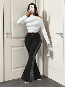 BamGleam Women's Outdoor Fashion Stretch Silver Foil Large Rivet Applique Black Denim Flare Pants - Black - View 6