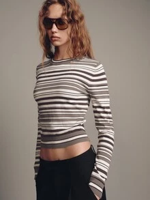 MOTF PREMIUM SWEATER LENGAN PANJANG BERGARIS-GARIS DENGAN LEHER BULAT - Coffee Brown - View 5