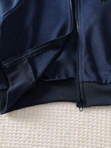 SHEIN ChillGRL Streecool 青少女 2 件套秋季服飾，常規厚度針織休閒百搭連帽拉鍊外套與寬鬆寬腿長褲套裝，馬術運動圖案印花，適合休閒運動 - 藏蓝色 - 查看 7