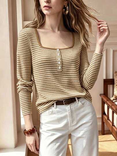 SHEIN Elegant Striped Long Sleeve Commuter Outfit Women's T-Shirt, Outdoor Wear, Autumn/Winter Elegant Outfit, Date, Holiday Outfit, Women's T-Shirt, Back To School Clothing, School Shirt