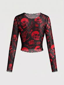 ROMWE Goth 暗黑龐克骷髏森系性感透視網紗長袖女款上衣 - 黑色 - 查看 2