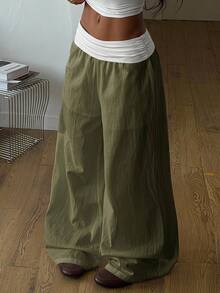 Coolane Women's Plus Size Summer Fall Going Out Elegant Vacation Country Concert Boho Basic 100 Cotton Color-Blocked White Green Mid-Waist Wide Leg Pants - Army Green - View 3