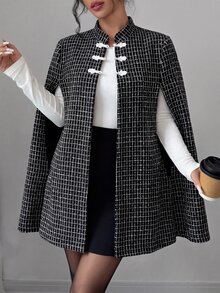 Elenzga Women New Chinese Style Stand Collar Frog Button Tweed Cape Coat, Black White Plaid Elegant Party Poncho Outerwear Autumn Winter - Black and White - View 7