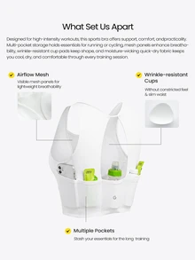 GLOWMODE In It To Win It Quick-Dry Performance Mesh Panel Sports Bra With Multi-Pockets & Wrinkle-Resistant Cups Cycling Marathon Training Workout Fitness - White - View 3