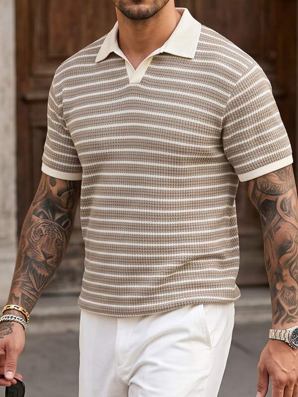 Manfinity CasualCool Men's Khaki White Striped Knit Short Sleeve Polo Shirt, Suitable For Daily Vacation Leisure, Outings, Also Suitable As A Gift For Boyfriend Or Husband, Vintage Old Money Style