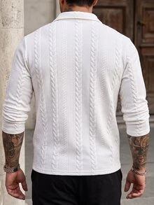 Manfinity CasualCool 男士純色領長袖素面 Polo 衫，適合工作、高爾夫、秋季、正式場合 - 白色 - 查看 2