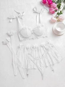 SHEIN Valentine's Day Romantic Lace 3D Floral Lingerie Set, Thong, Lace Tutu, 2 Pairs Of Socks, 4 Pieces Total - White - View 5