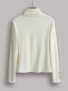 SHEIN Franclia Women's Autumn/Winter Solid Color Basic Ruched High Neck Knit Top, Metal Cuff Buttons, Slim Fit, Stretch Long Sleeve Base Layer, Minimalist Casual Innerwear - Apricot - View 2
