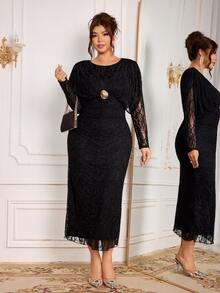 Modelyn Elegant Lace Round Neck Long Sleeve Fitted Regular Fit Plus Size Dress For Spring And Autumn - Black - View 5