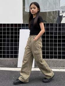 Dazy Kids Tween Girl) Regular Casual Cargo Pants Straight Leg Autumn/Winter Army Green Denim - Army Green - View 6