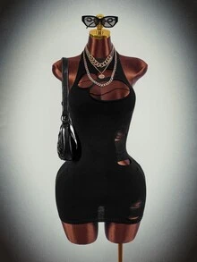 Amplova High Neck Fully Transparent Bodycon Mini Dress With Cutouts, Open Back, Waist-Cinching, Y2K Halloween Outfit For Women, Knitted - Black - View 3