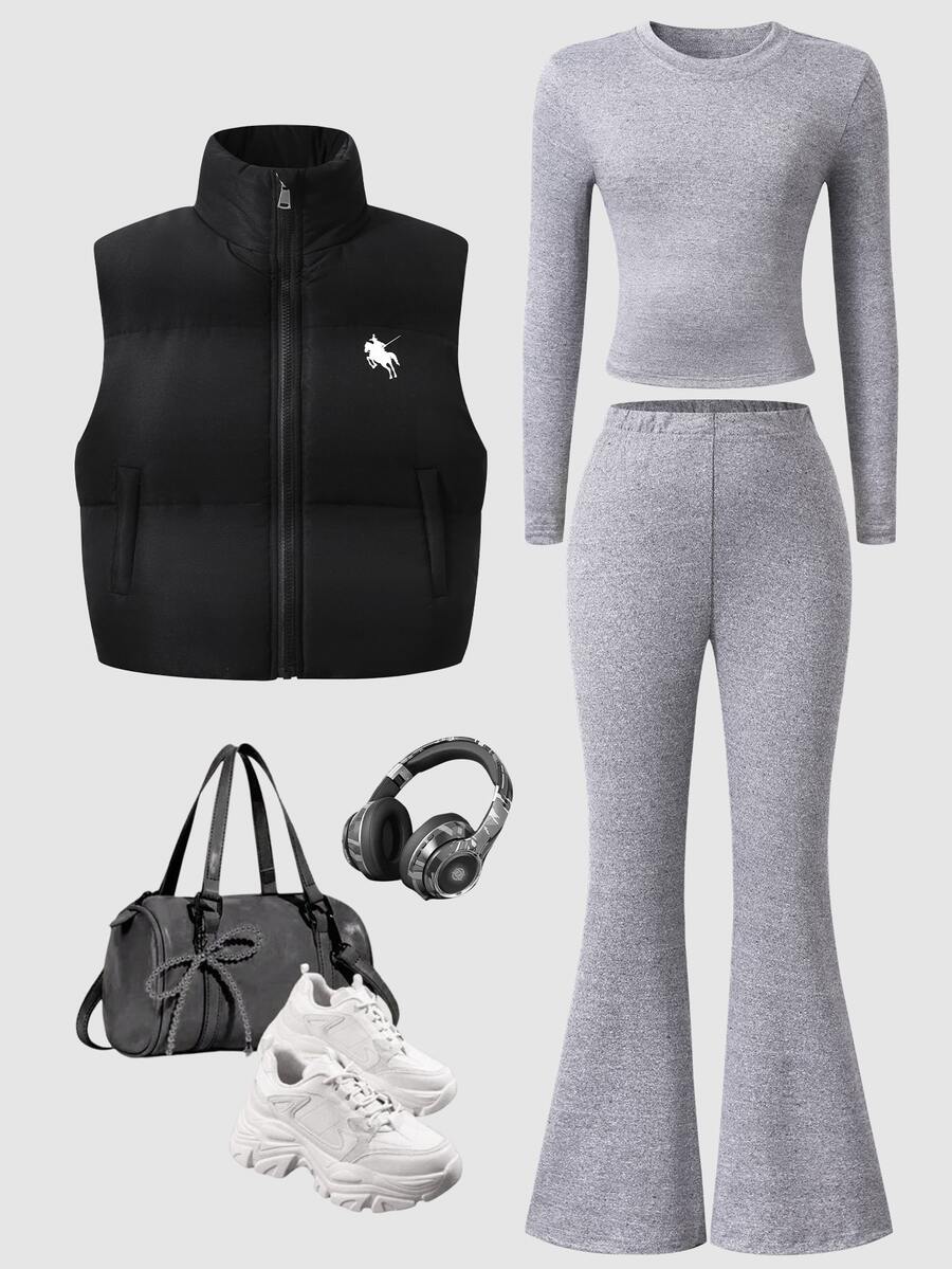 SHEIN Tween女孩3件套套裝,簡約休閒秋冬組合。立領印花短版背心搭配灰色長袖內搭層與喇叭褲,彈性內層貼身,蓬鬆背心,可單穿或疊穿,適合日常上學、外出與旅行,百搭實用 - 灰色 - 查看 1