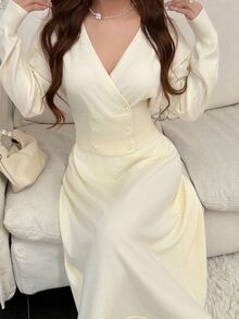 Heiryn Autumn Winter Casual Loungewear Deep V Neck Cross Wrap Front Three Buttons High Waist Flared Hem Lon - Apricot - View 6