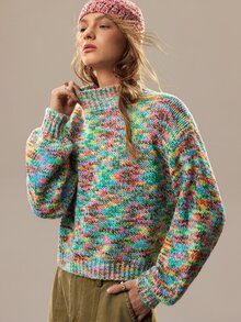 SHEIN كنزة صوفية بأكمام طويلة وياقة دائرية من خيوط مصبوغة موضة الخريف/الشتاء - متعدد الألوان - مشاهدة 1