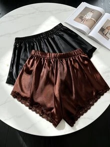 Sweetra Plus Size Casual Versatile Satin Drawstring Waist Shorts 2pcs Set - Multicolor - View 2