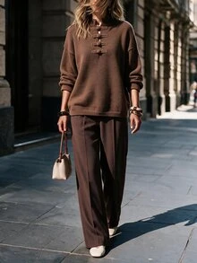 Omancia Elegant Ruyi Button Long Sleeve Women's Sweater - Brown - View 6
