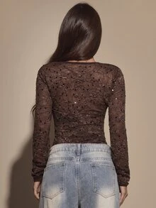 SHEIN BAE بودي نسائي بني سادة مزين بالترتر بكتف غير متماثل وأكمام طويلة من الدانتيل والشبك، بودي دانتيل بني للربيع والصيف - بني - مشاهدة 2