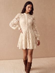 CielaLinda Women's Paisley Lace Cut-Out Mini Dress With Lantern Sleeves And Water-Soluble Embroidery - Apricot - View 4
