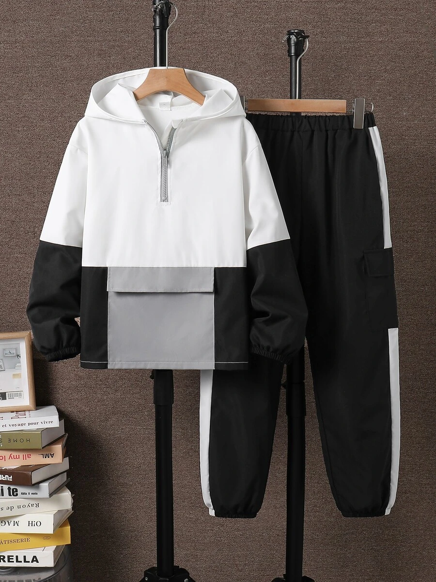 SHEIN 男童 2件組三色拼接半拉鍊連帽防風夾克外套與工裝長褲套裝,大童運動休閒套裝,秋季穿搭,秋季服飾 - 黑與白 - 查看 1