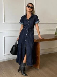 DAZY Women's Front Button Long Denim Dress - Blue - View 1