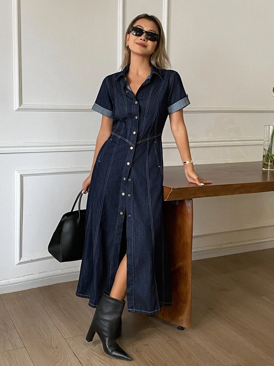 DAZY Women's Front Button Long Denim Dress - Blue - View 1