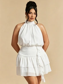 SHEIN BAE Plus Size Women Minimalist Sexy Pleated Ruffle Hem Halter Neck Dress - White - View 6