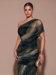 SHEIN BAE CURVE Plus Size Women's Tie-Dye One Shoulder Ruched Dress Fall - Multicolor - View 7