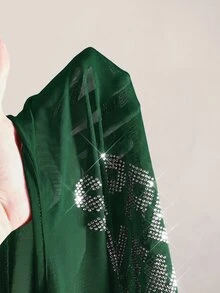 SHEIN ICON 大尺碼 Y2K 夏季黑色性感透視網紗水鑽亮片露背修身背心上衣（附水鑽字母裝飾） - 墨綠色 - 查看 9
