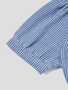 Sweetra French Style Elegant Polo Collar Striped V-Neck Short Sleeve Slim Fit Women's Washed Denim Shirt - Blue - View 7