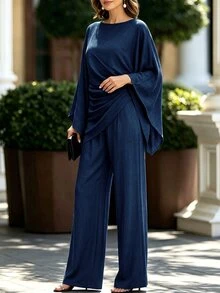 SHEIN Holidaya Women's Elegant Pleated Design Batwing Sleeve Blouse And Pants Set - Blue - View 6
