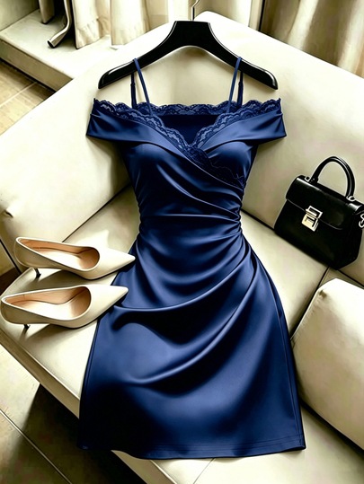 SHEIN Franclia فستان نسائي بتصميم دانتيل مرقع مطوي أنيق للمناسبات والحفلات