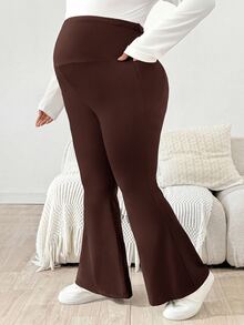 Plussiva Plus Size Maternity Casual Versatile Solid Color Flare Pants - Brown - View 3