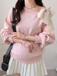 Dazy Maternity Contrast Color Tie Bow Asymmetric Shoulder Asymmetric Neck Long Sleeve Casual Vacation Korean Style Autumn/Winter Knit Sweater Maternity - Pink - View 4