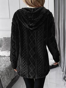 SHEIN Clasi 大尺碼女款純色長袖連帽開襟外套，秋冬款 - 黑色 - 查看 2