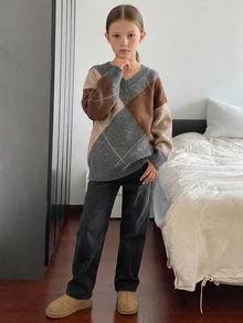 DAZY (Gadis Remaja) Sweater Tebal Lengan Panjang Longgar Kasual Leher V Motif Kotak-kotak Blok Warna, Musim Gugur/Dingin - Khaki - View 3