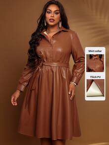 BrightlyHer Plus Size Women's Solid Color Long Sleeve Button Half-Placket PU Leather Fashion Dress - Brown - View 1