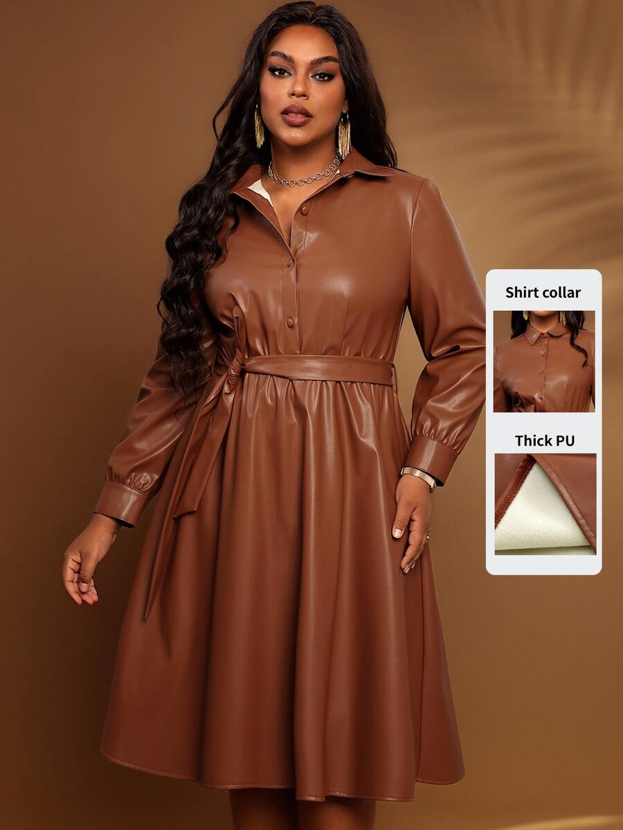 BrightlyHer Plus Size Women's Solid Color Long Sleeve Button Half-Placket PU Leather Fashion Dress - Brown - View 1